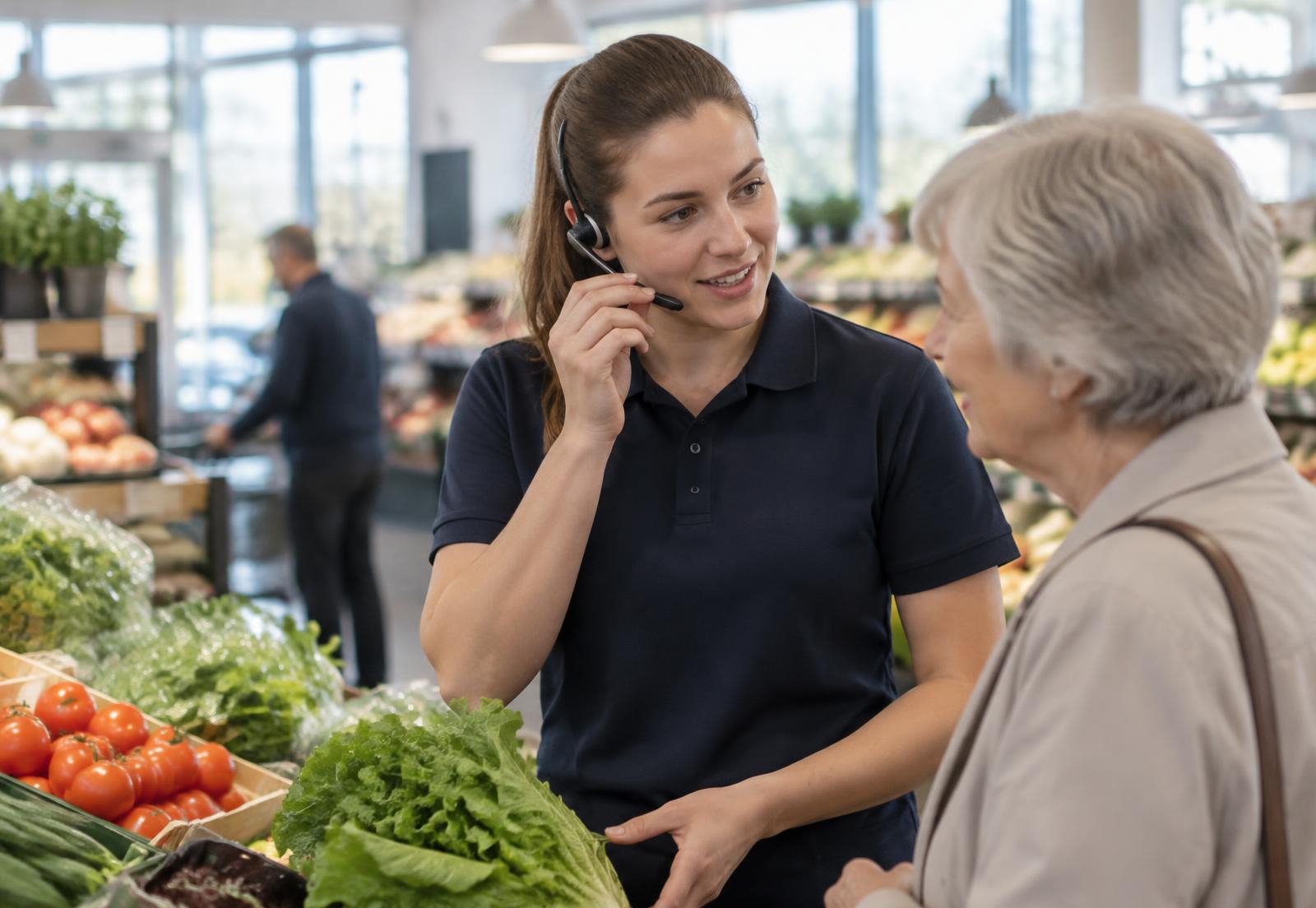 Butikkansatt bruker diskré intercom-headset mens hun hjelper en kunde